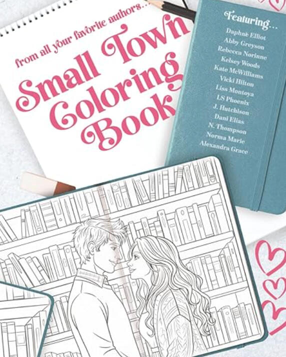 Small Town Coloring Book Coloring book cover featuring an outline drawing of a couple by bookcases and a list of participating authors