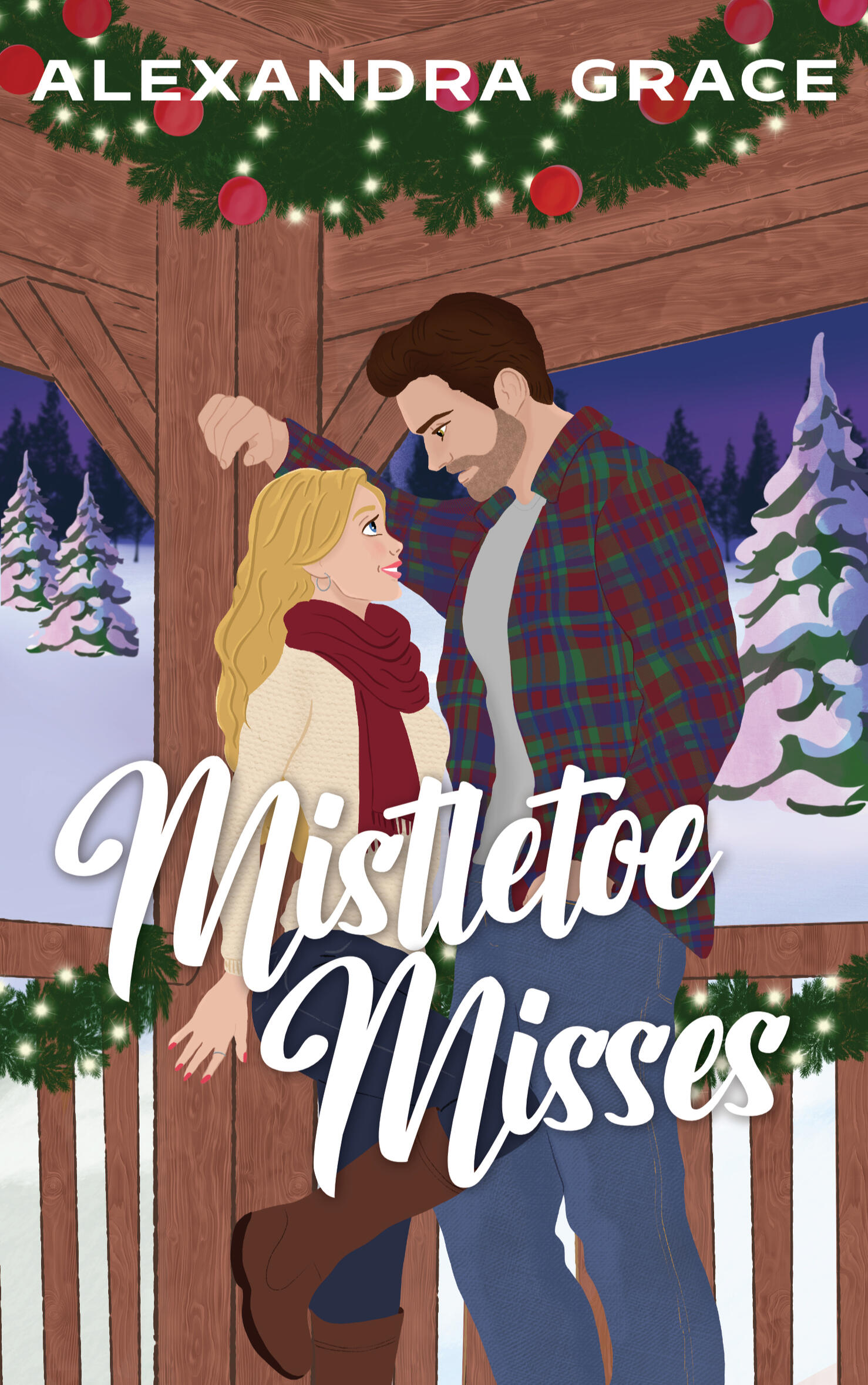 Mistletoe Misses illustrated cover couple standing close under a gazebo with snow covering the ground in the background