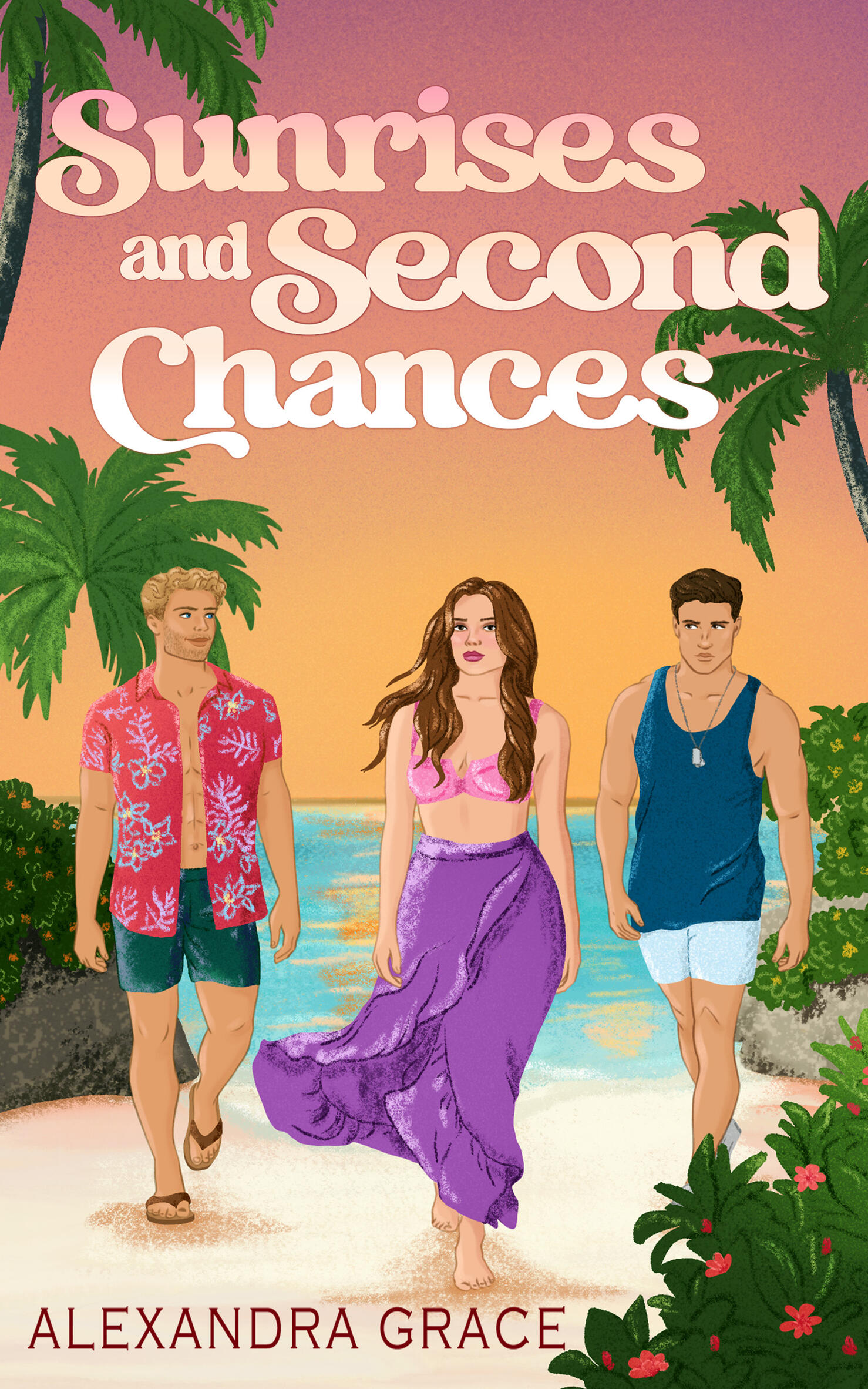 Sunrises and Second Chances cover Female character and two male love interests walking on the beach with sunrise sky