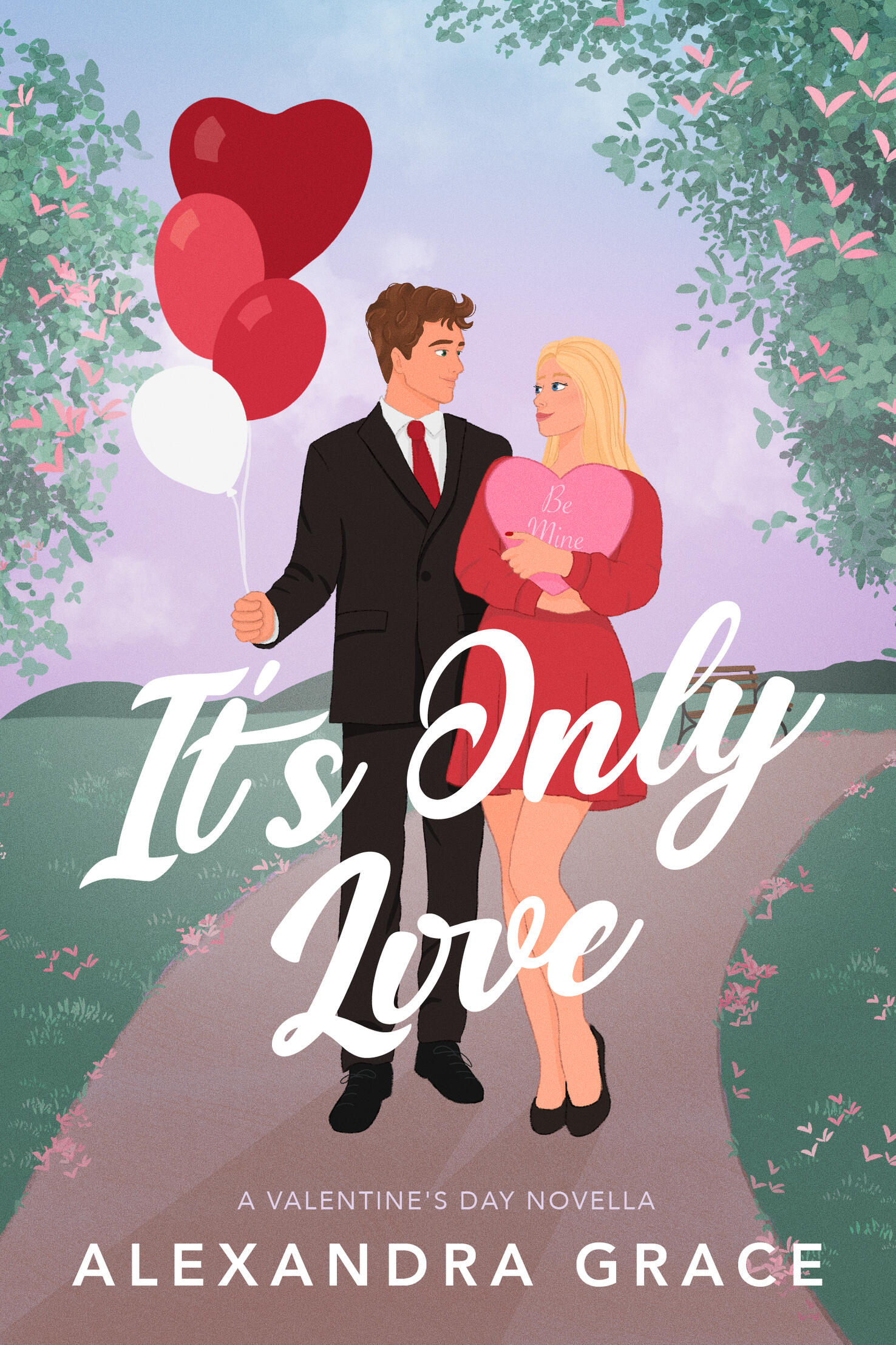 It's Only Love It's Only Love cover, man in a suit holding a bunch of balloons, blonde woman holding a heart pillow